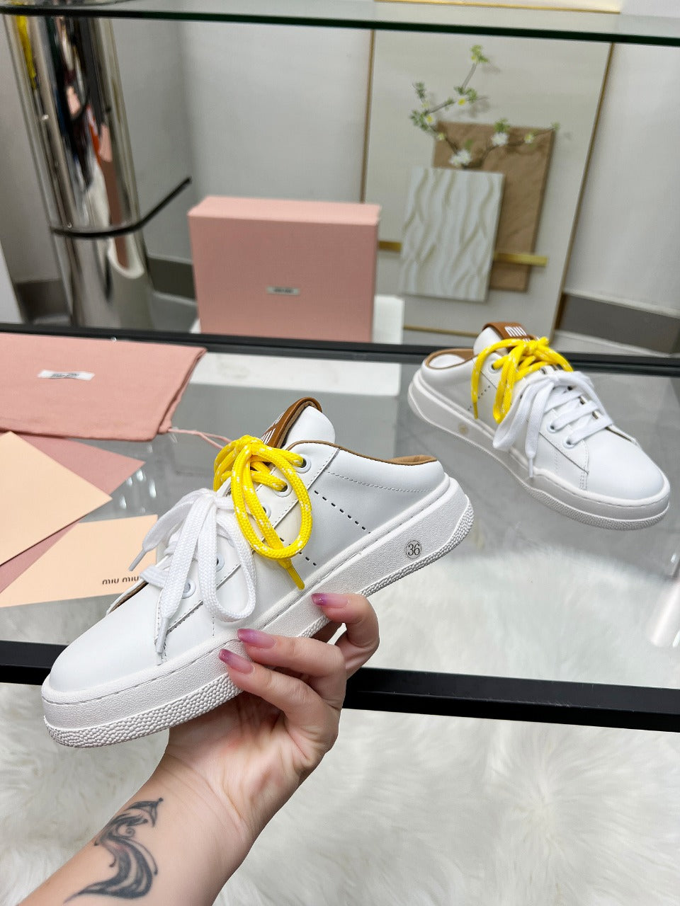 SNEAKER MULES IN WHITE MIX BROWN CALFSKIN WHITE  YELLOW LACES