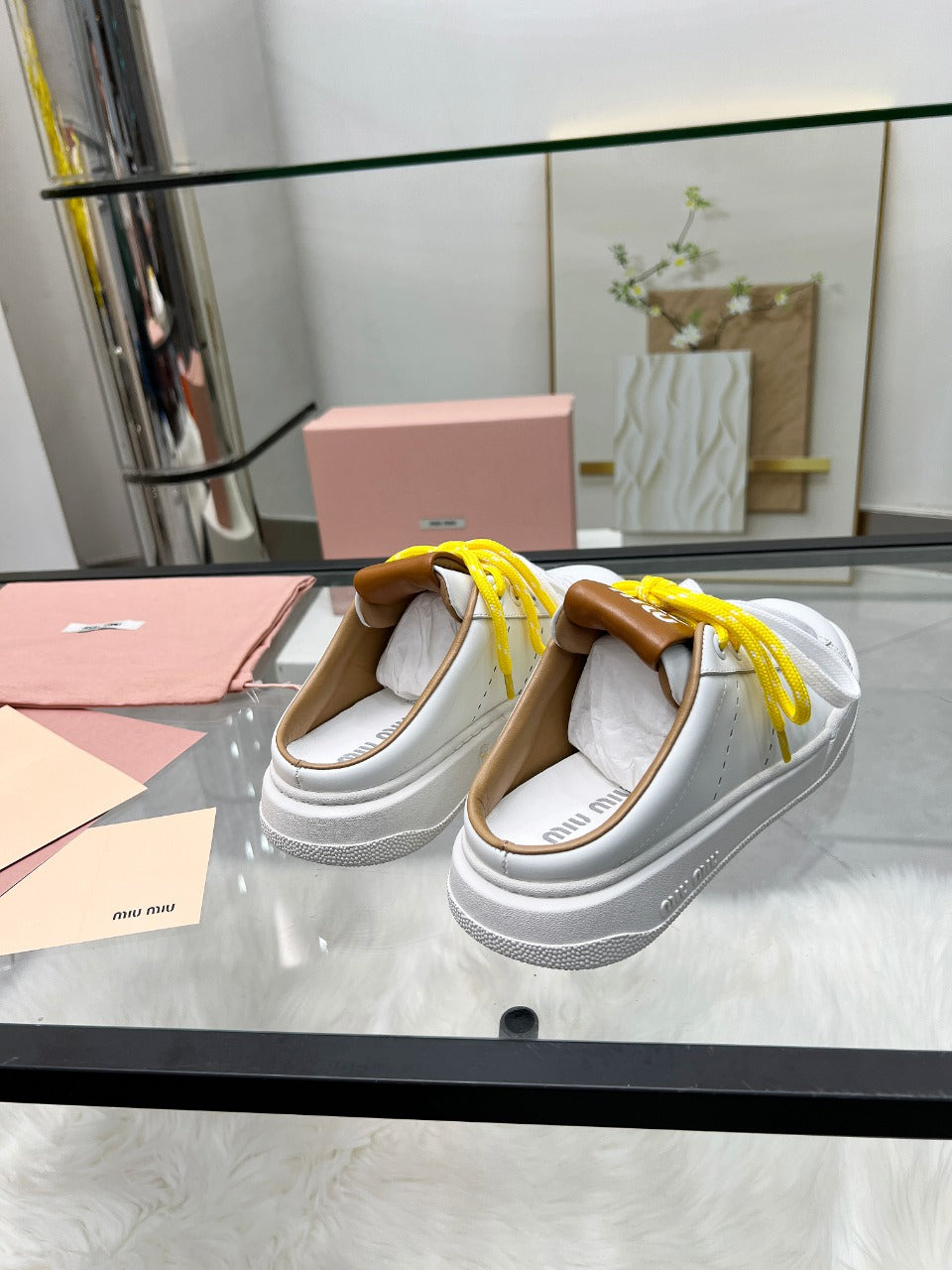 SNEAKER MULES IN WHITE MIX BROWN CALFSKIN WHITE  YELLOW LACES