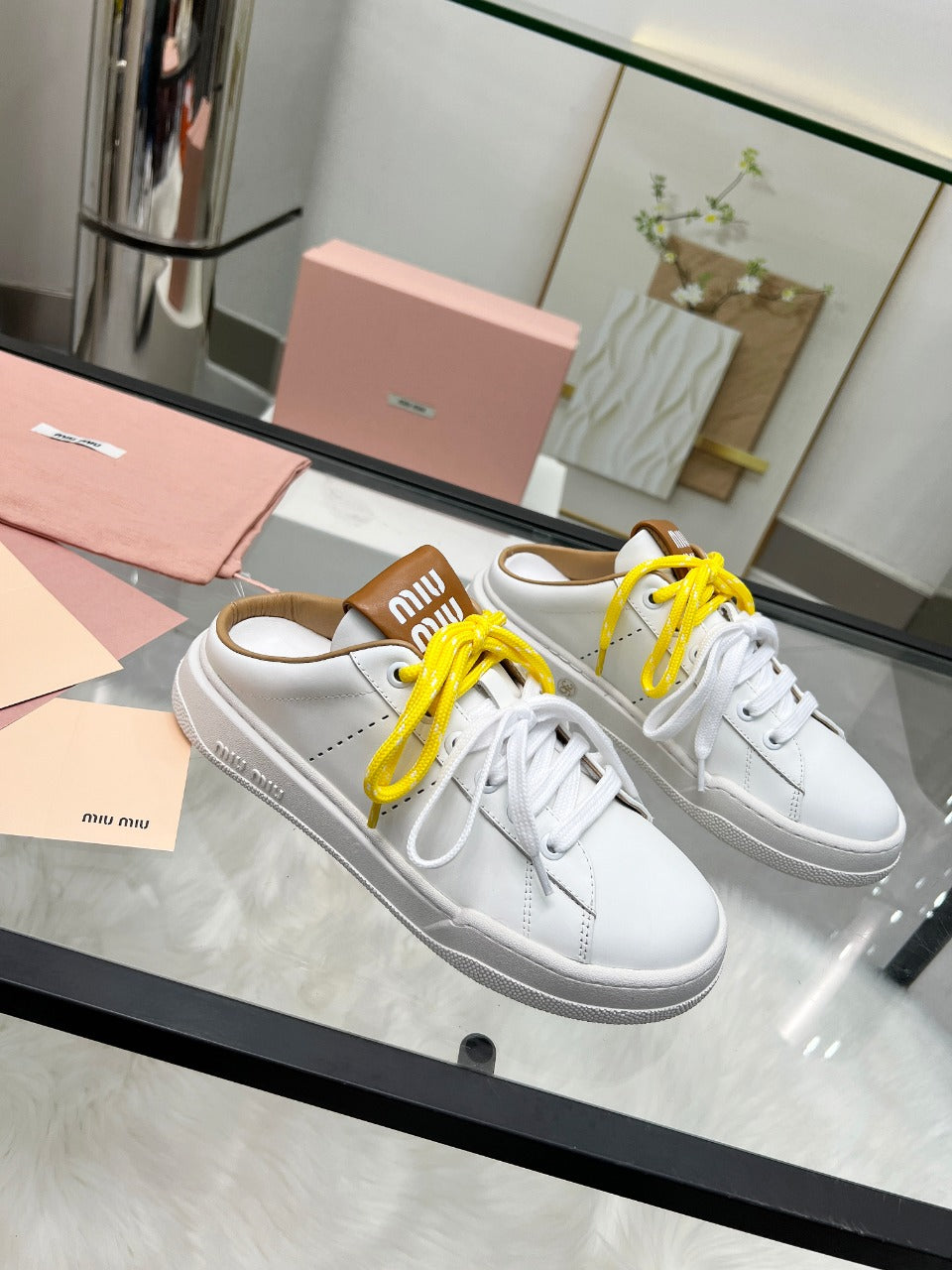 SNEAKER MULES IN WHITE MIX BROWN CALFSKIN WHITE  YELLOW LACES