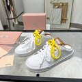SNEAKER MULES IN WHITE MIX BROWN CALFSKIN WHITE  YELLOW LACES