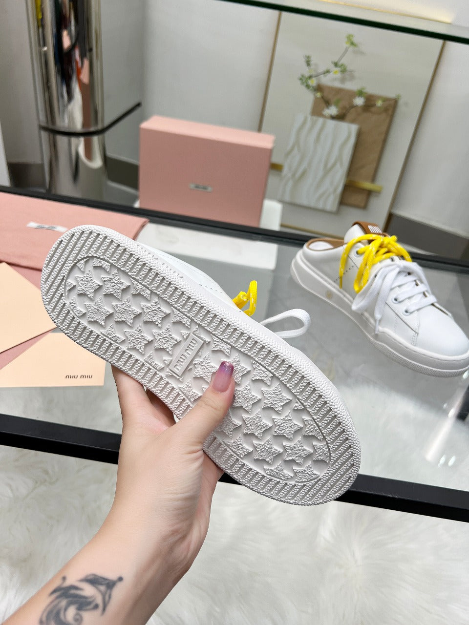 SNEAKER MULES IN WHITE MIX BROWN CALFSKIN WHITE  YELLOW LACES