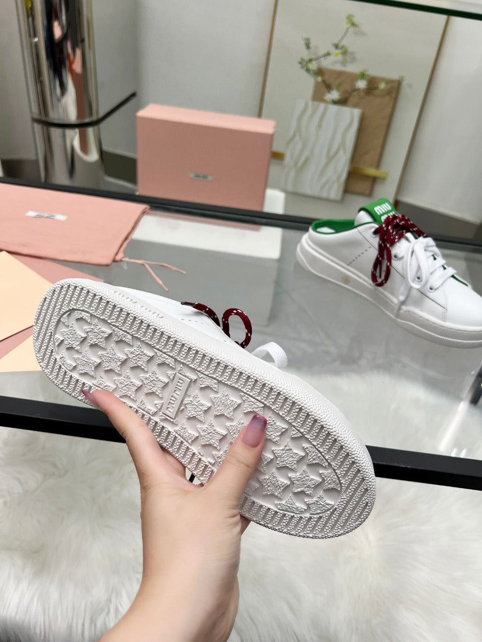 SNEAKER MULES IN WHITE MIX GREEN CALFSKIN WHITE RED LACES