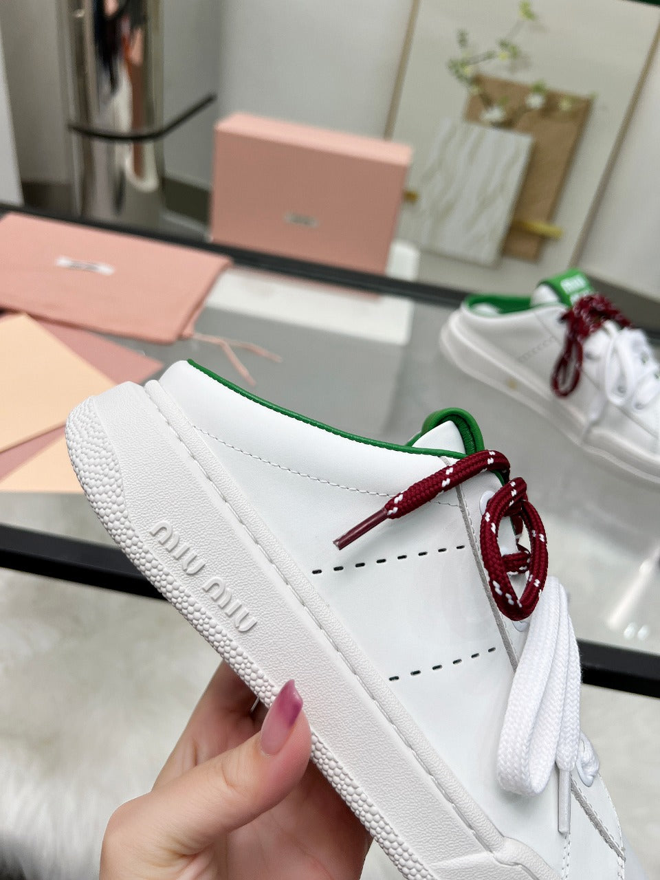 SNEAKER MULES IN WHITE MIX GREEN CALFSKIN WHITE RED LACES