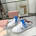 SNEAKER MULES IN WHITE CALFSKIN WHITE BLUE LACES