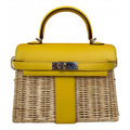 KELLY 20CM JAUNE DE NAPLES SWIFT IN YELLOW LEATHER AND WICKER SILVER HARDWARE